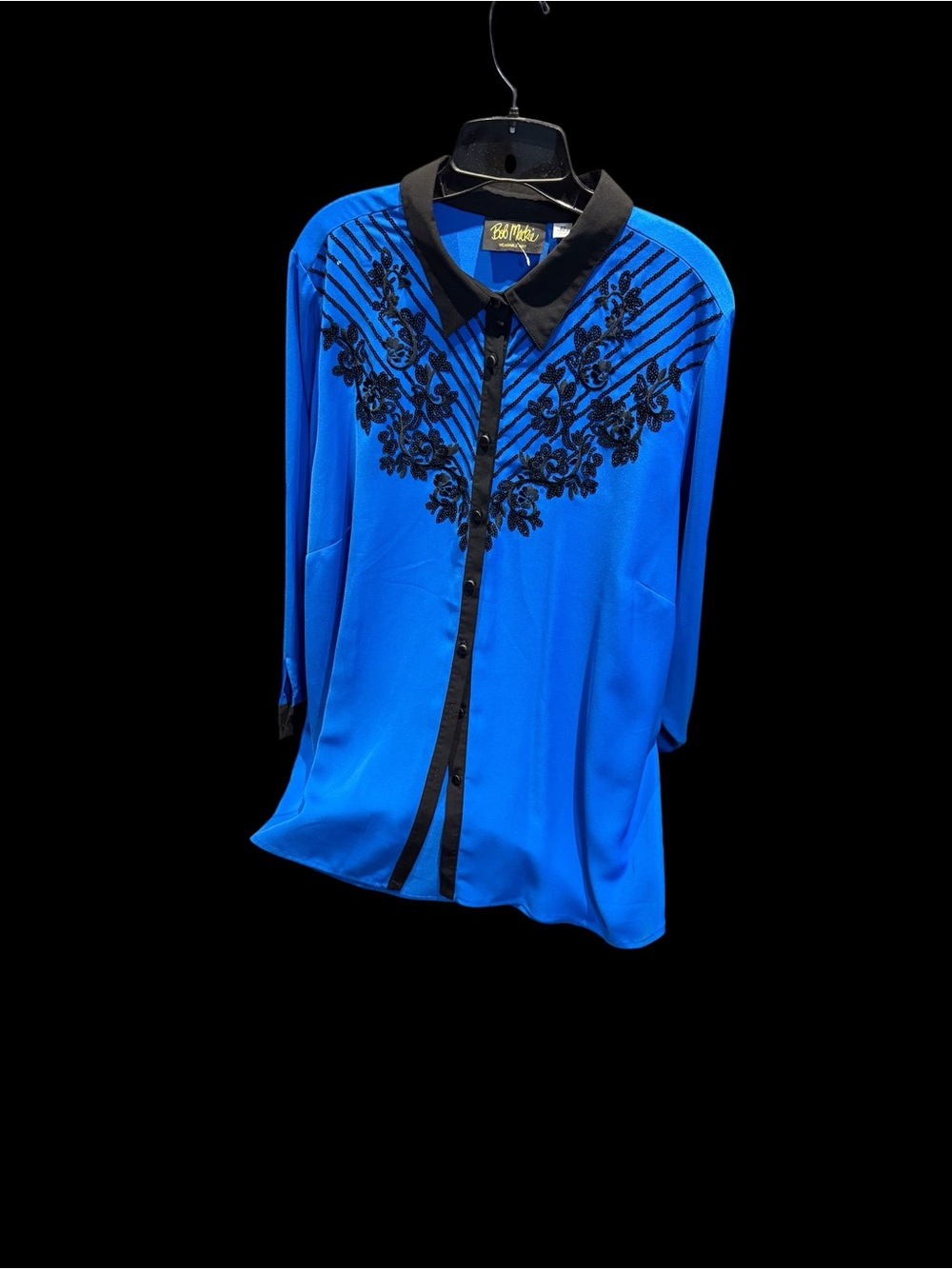 Bob Mackie Cobalt Blue Button-Down Blouse with Black Embroidery